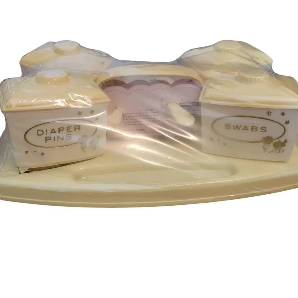 NIP Vintage Sanitoy Nursery Needs No. 1491 Plastic Jar Set with Comb and Brush